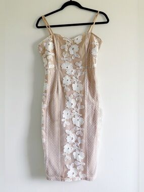 Lulus Nude Midi Dress with White Floral Lace Overlay size Medium